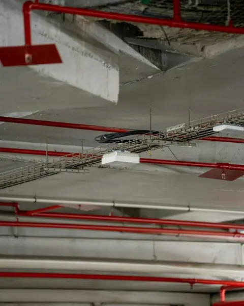 Exposed commercial ceiling with conduit and cable tray
